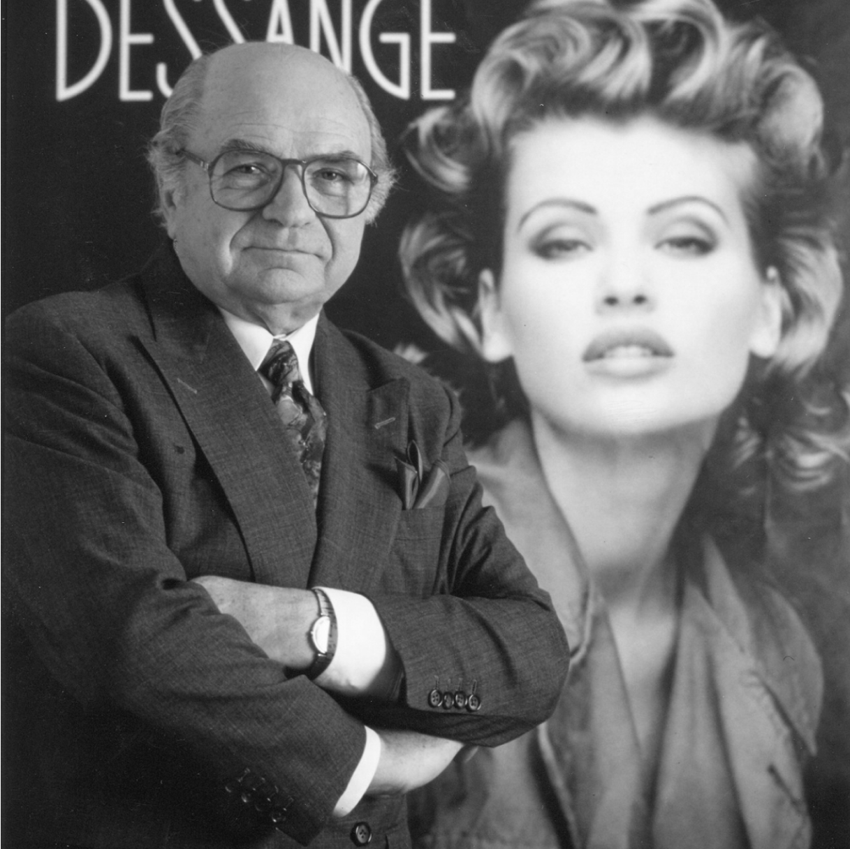 Black-and-white Dessange portrait featuring a man and woman