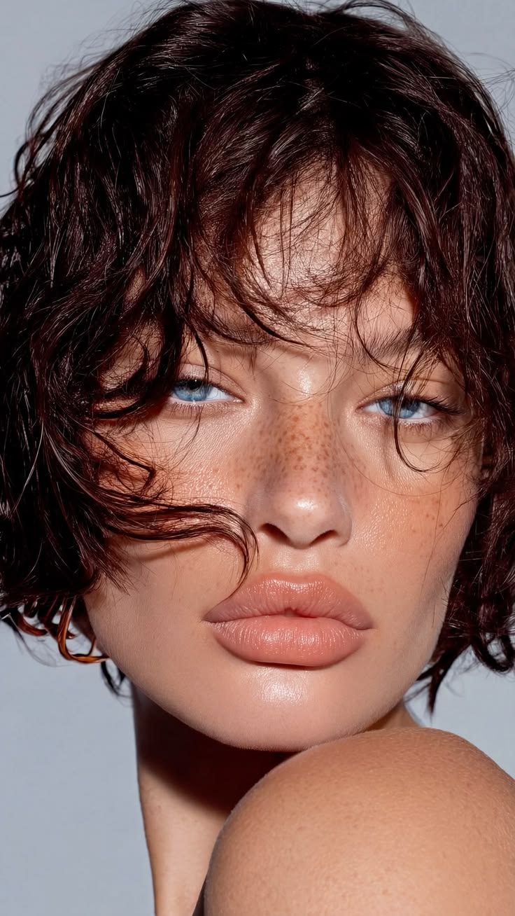 Curly French bob against an ochre wall